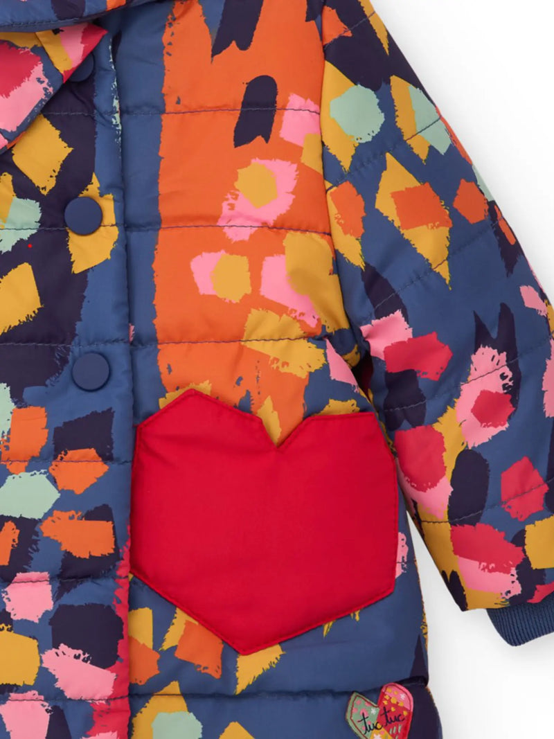 Closer look at the Tuc Tuc padded coat showing detail of the painted floral pattern