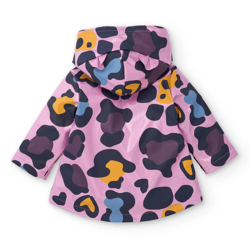 Rear view of the Tuc Tuc girl's printed raincoat.