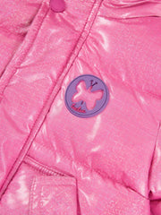 Closer look at the Tuc Tuc puffer jacket showing detail of the sparkling glitter finish.
