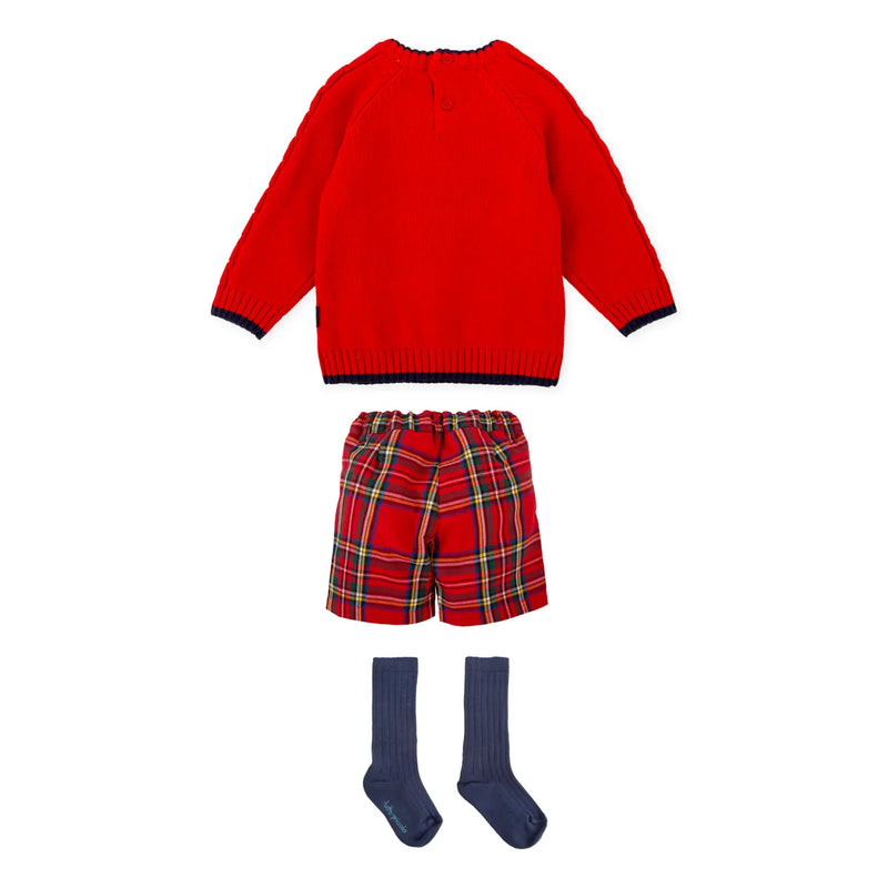 Back of the Tutto Piccolo tartan shorts set.
