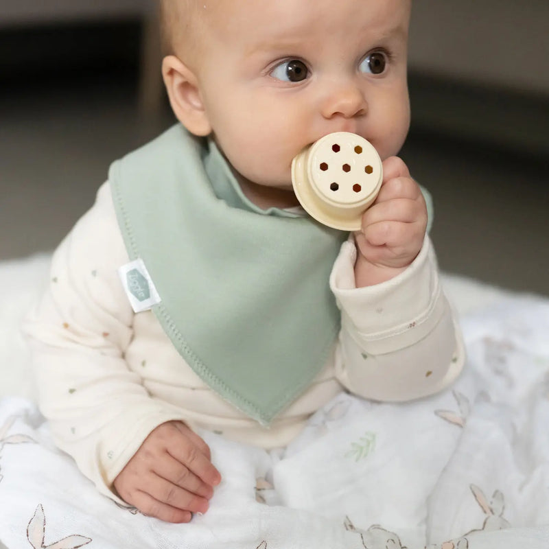 Baby boy wearing a sage green Ziggle bandana bib.