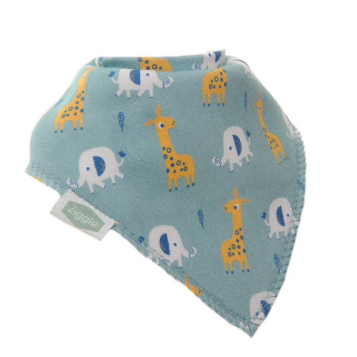 Pale green ziggle bib decorated with elephants and giraffes.