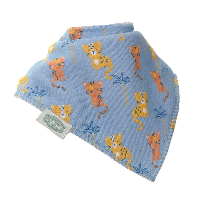 Ziggle blue bib, decorated with leopards and tigers. 