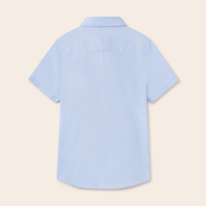 Reverse view of the Mayoral light blue short sleeve shirt.