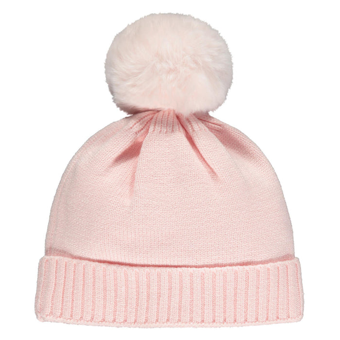 Rear view of the pale pink ashley bobble hat.