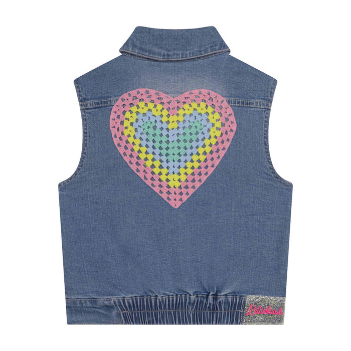 Back of the Billieblush denim vest with crochet heart design.