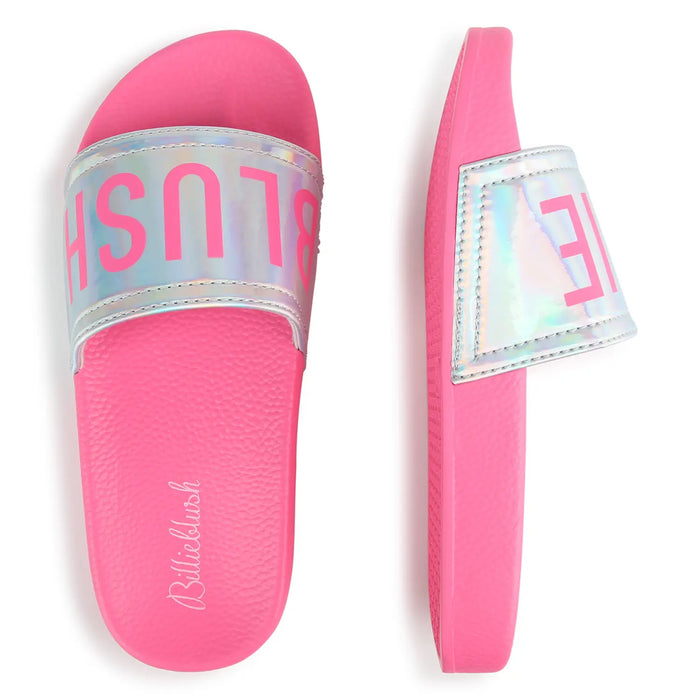 Pink Billieblush sandals with iridescent foot strap.