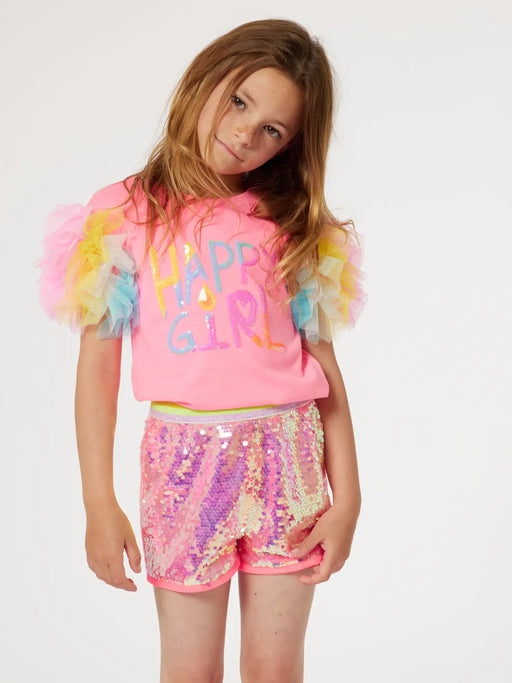 Girl modelling the Billieblush flounced sleeve t-shirt.