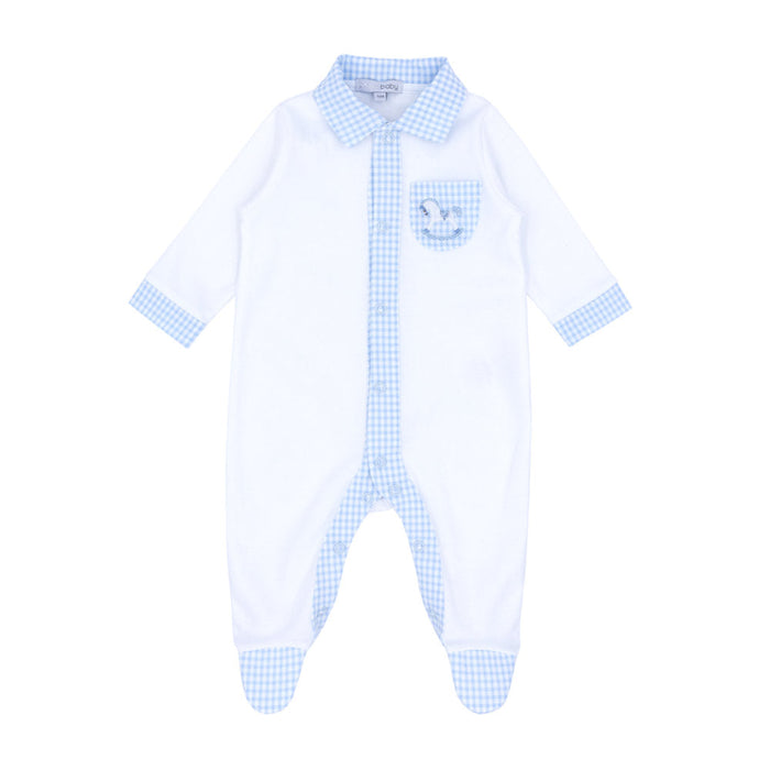 Blues Baby boy's babygrow in white with blue gingham trim.