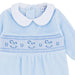 Closer look at the Blues Baby blue rocking horse babygrow.