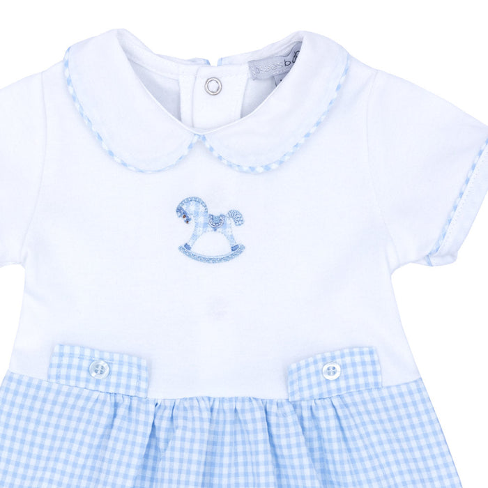 Closer look at the Blues Baby blue & white rocking horse romper.