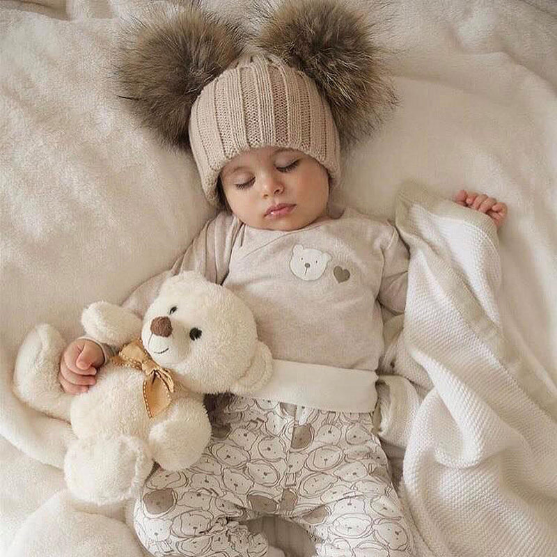 Bobble Babies Double Pom Pom Hat - Beige