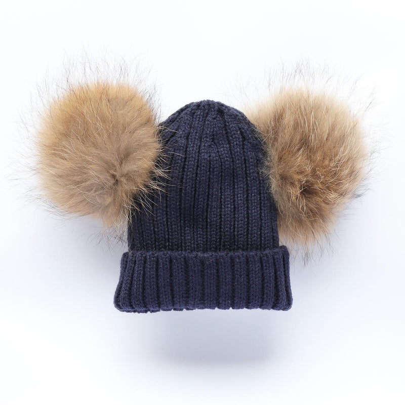 Bobble Babies Double Pom Pom Hat - Navy with Natural Pom Pom