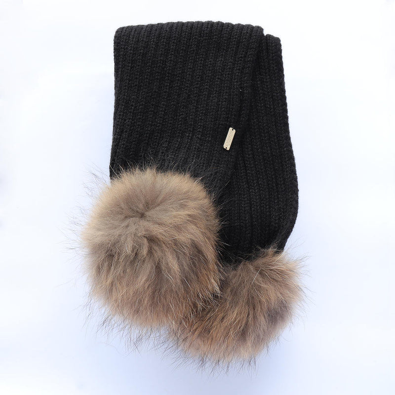 Bobble Babies Double Pom Pom Scarf - Black with Natural Pom