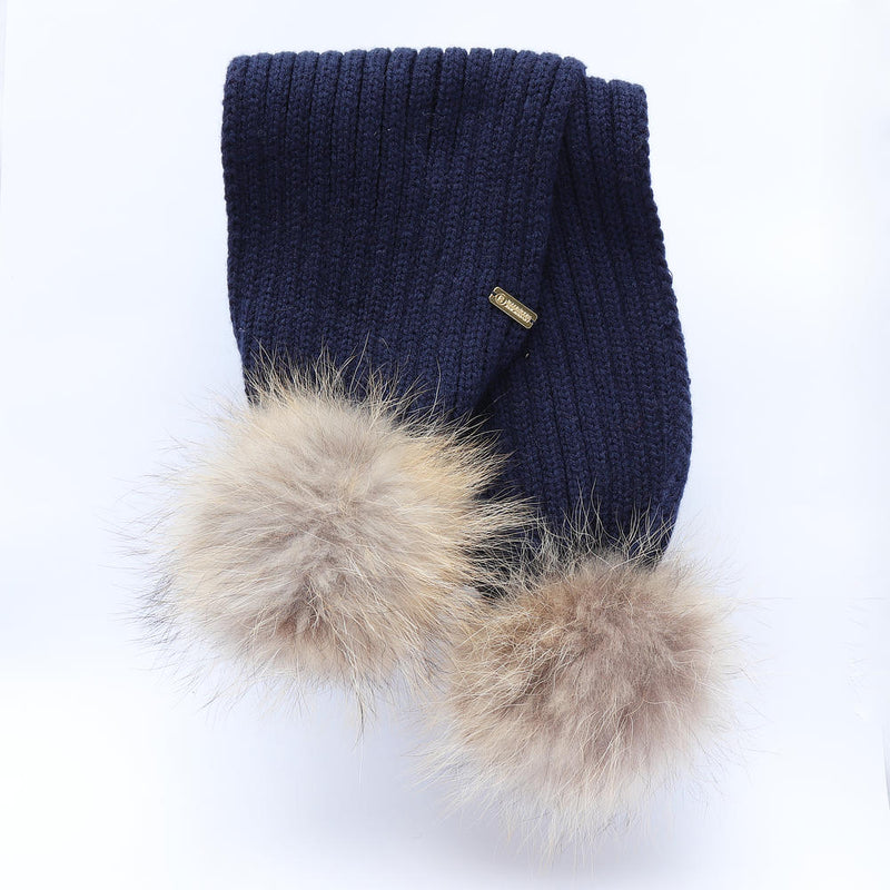 Bobble Babies Double Pom Pom Scarf - Navy with Natural Pom