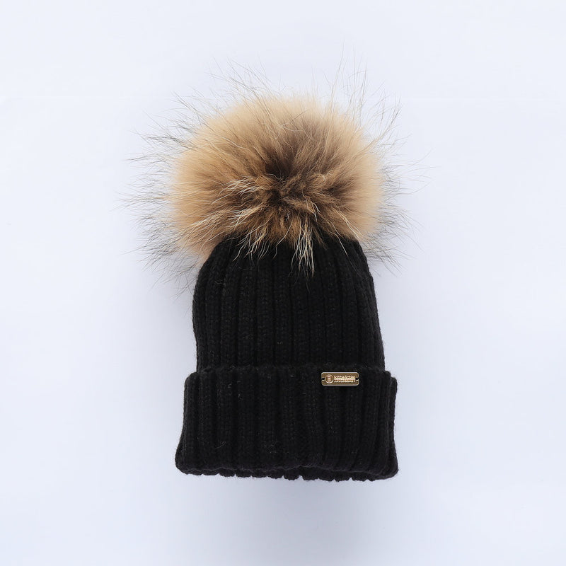 Bobble Babies Pom Pom Hat - Black with Natural Pom Pom