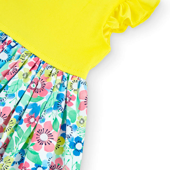 Boboli yellow dress with floral print skirt.