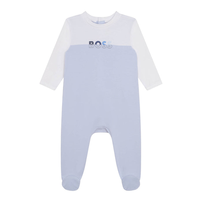 Closer view of the BOSS Pale Blue Babygrow.