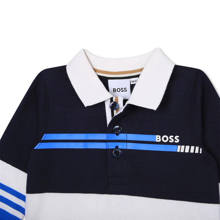Closer view of the BOSS colourblock polo shirt.