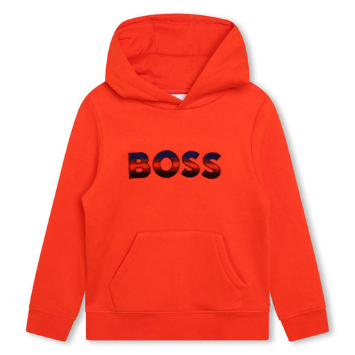 BOSS raised logo hoodie in red.