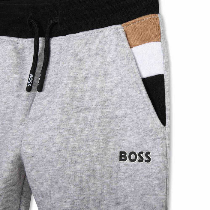 Closer look at the BOSS grey track bottoms.