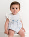 Baby girl wearing the Caramelo blue smocked romper.