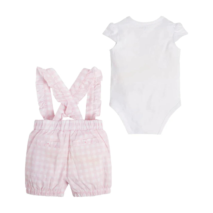Reverse view of the Guess gingham dungarees set.