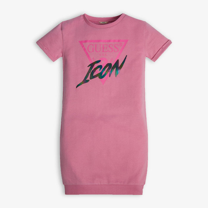 Guess girl's 'icon' sweatshirt dress in pink.