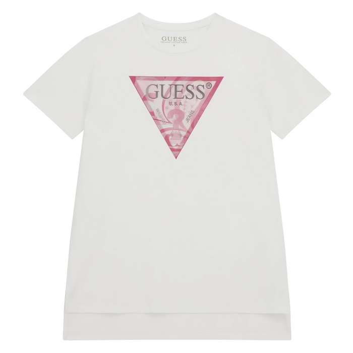 Girl's white Guess triangle logo t-shirt.
