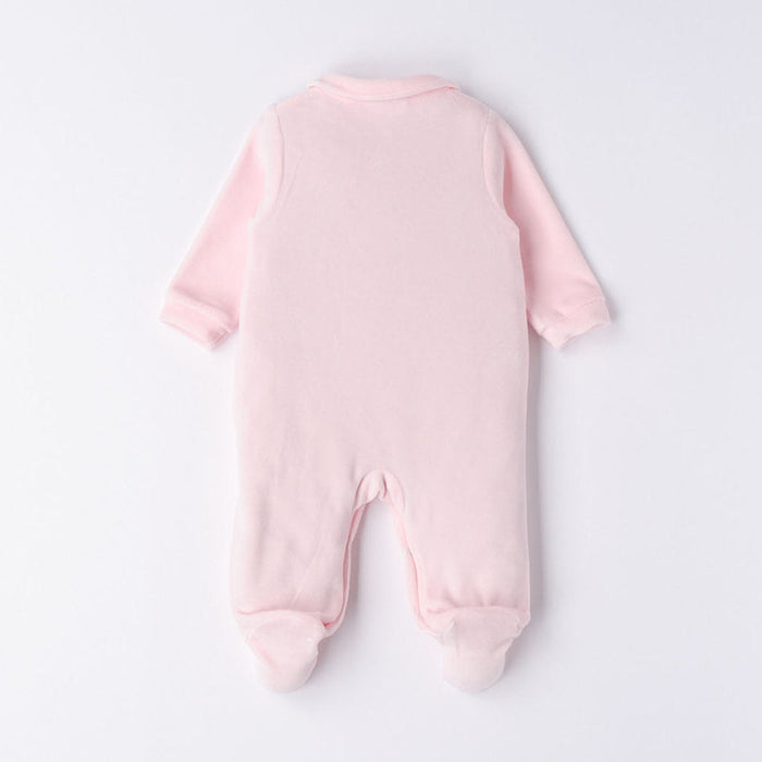 Rear view of the iDo pink chenille babygrow.