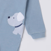 Blue iDo babygrow with puppy appliqué.