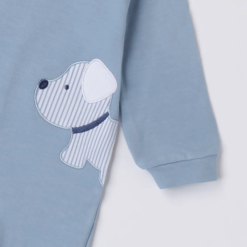 Blue iDo babygrow with puppy appliqué.