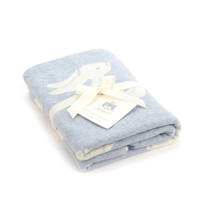 Jellycat Bashful Bunny Blue Blanket folded and tied with a ribbon