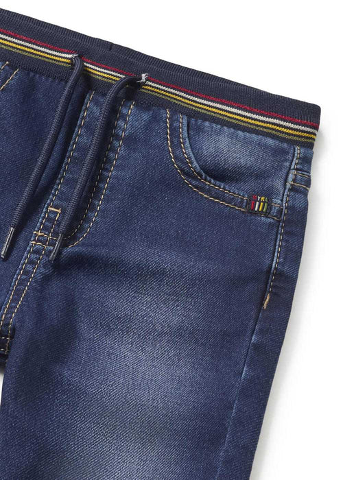 Closer view of the Mayoral denim joggers.