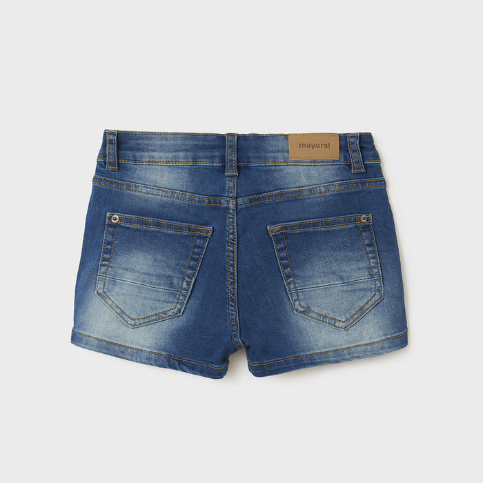 Reverse view of the Mayoral Girl's Denim Shorts Dark Blue