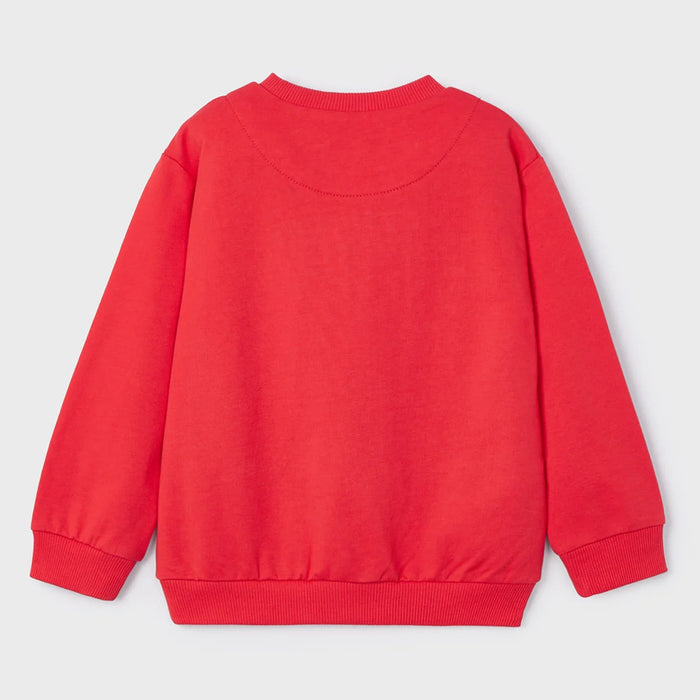 Reverse side of the Mayoral red embossed pullover.