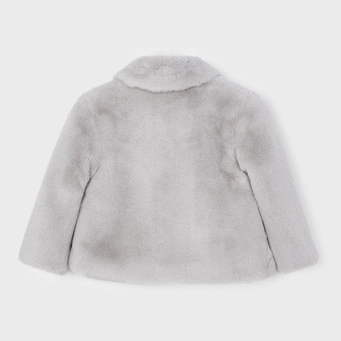 Reverse view of the Mayoral Faux Fur Coat Silver.