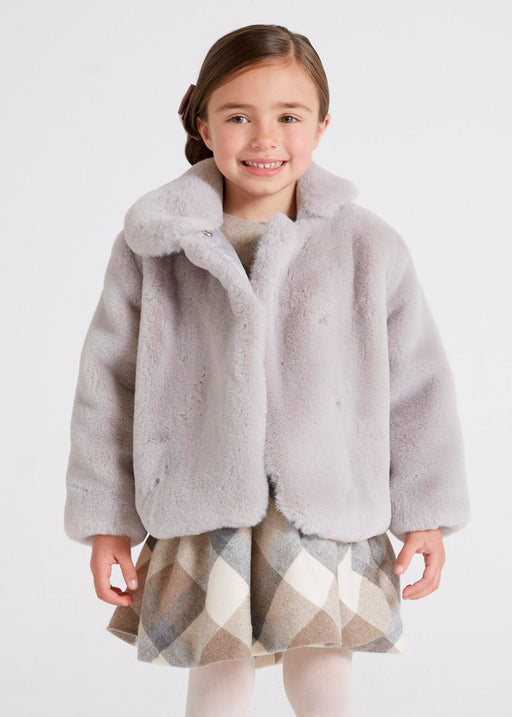 Girl modelling the Mayoral Faux Fur Coat Silver.