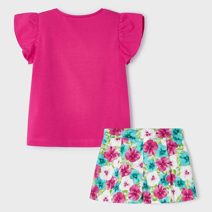 Back of the Mayoral pink floral print shorts set.