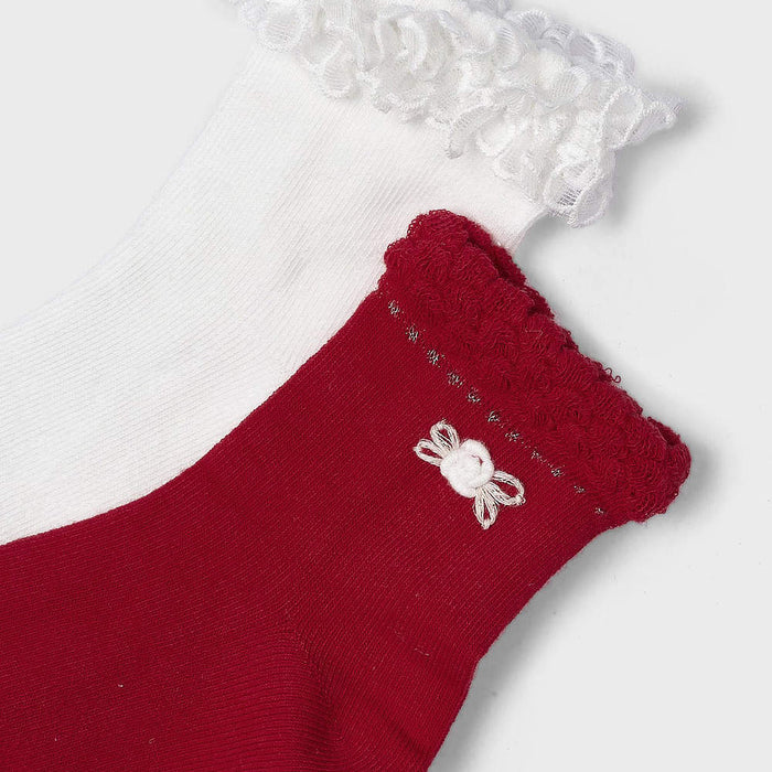 Closer look at the Mayoral red and white frilled socks.