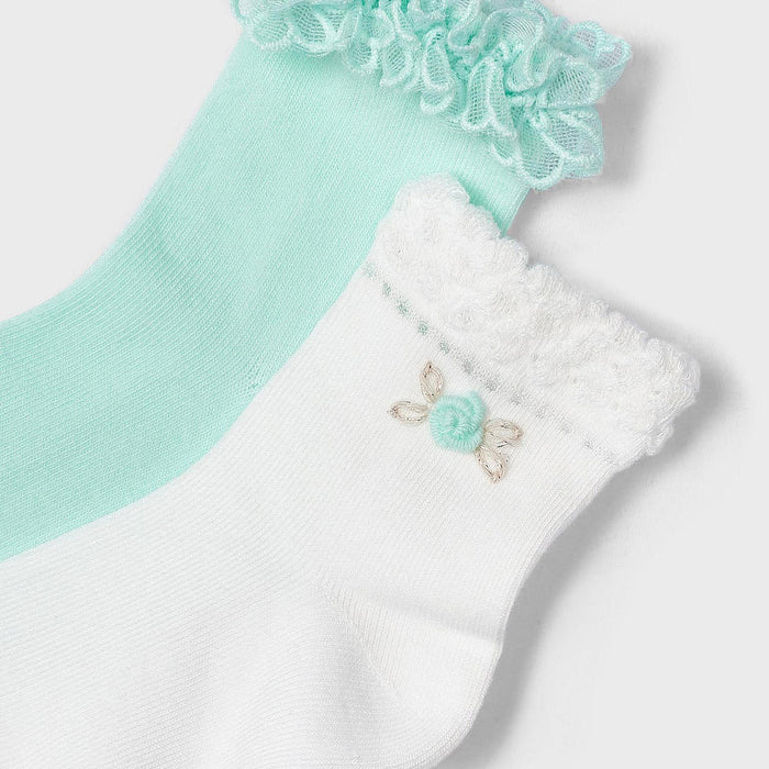 Closer look at the Mayoral aquamarine and white frilled socks.