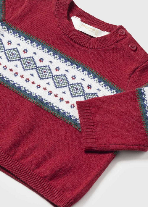 Closer look at the Mayoral red jaquard jumper.