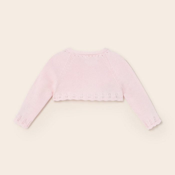 Reverse view of the Mayoral pale pink knitted cardigan.