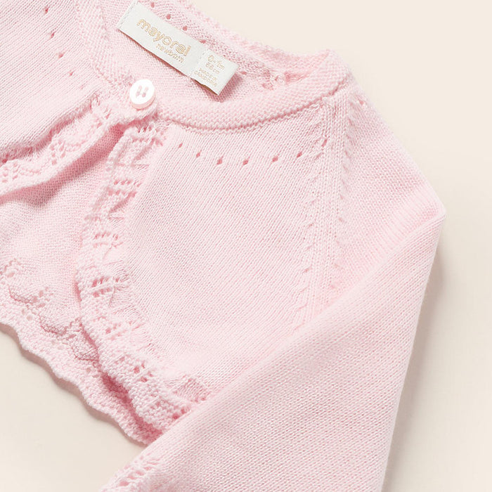 Closer look at the Mayoral pale pink knitted cardigan.