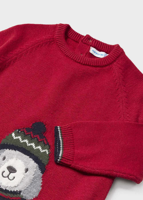 Closer look at the Mayoral red knitted jumper.