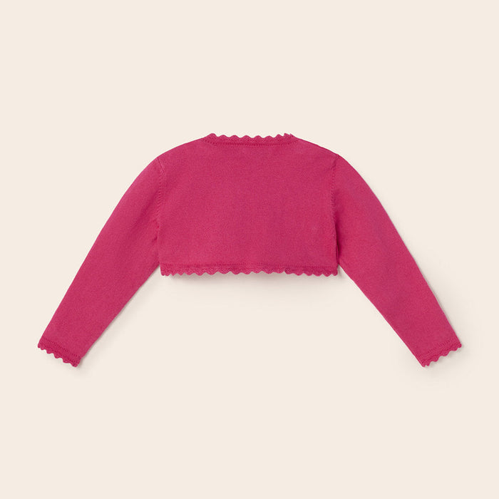 Rear view of the Mayoral dark pink knitted shrug.