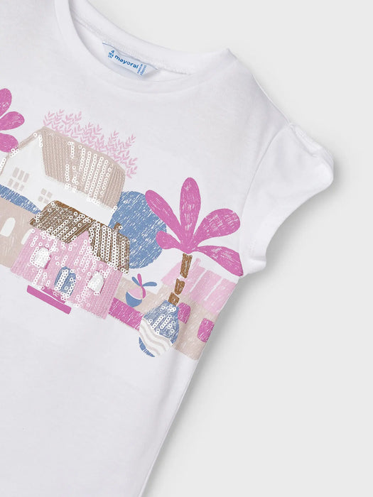Mayoral t-shirt printed with houses and palm trees embellished with sequins.