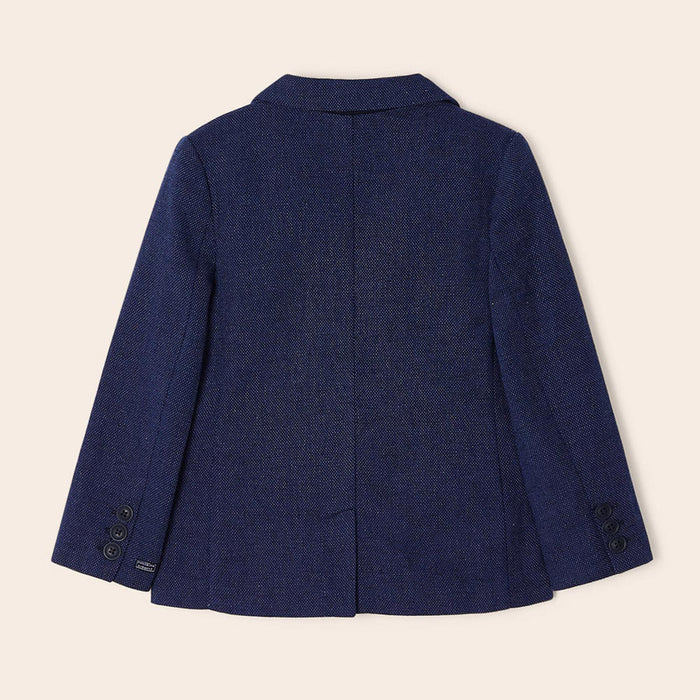 Rear view of the Mayoral navy linen jacket.