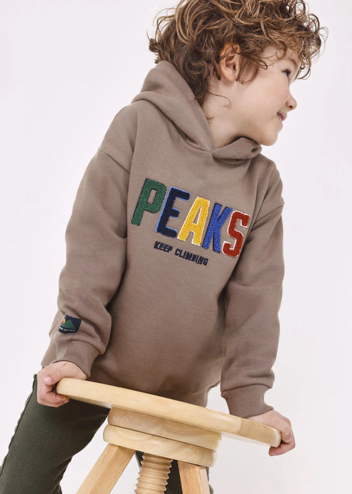 Boy modelling the Mayoral logo hoodie.