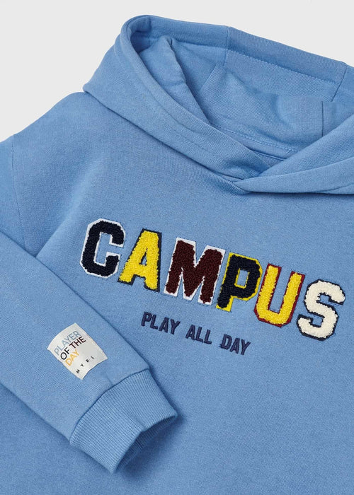 Closer look at the Mayoral blue logo hoodie.
